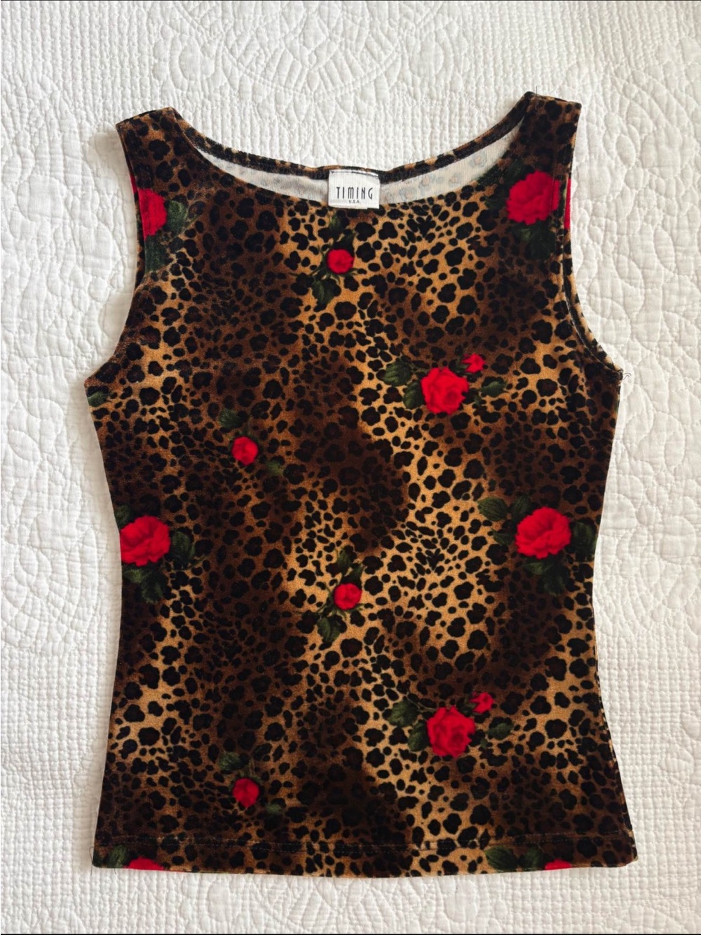 Vintage 90s Velvet Cheetah Floral Print Boat Neck Tank Top